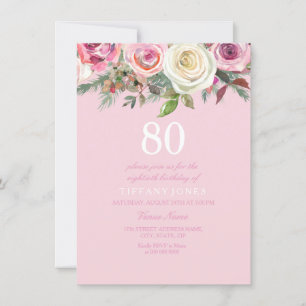 Söt Rosa ros Blommigt 80:e födelsedagen Inbjudan