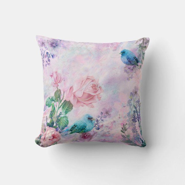 Söt Rosa ros Blommigt Birds på Lavender Pastel Kudde (Framsida)