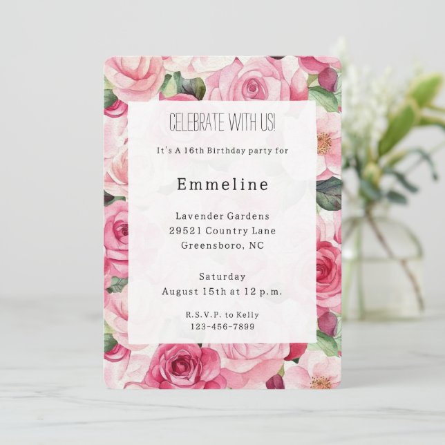 Söt Rosa ros Blommigt Birthday Inbjudningar (Stående Fram)