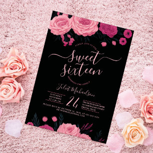Söt Rosa ros Blommigt Black Sweet 16 Inbjudningar