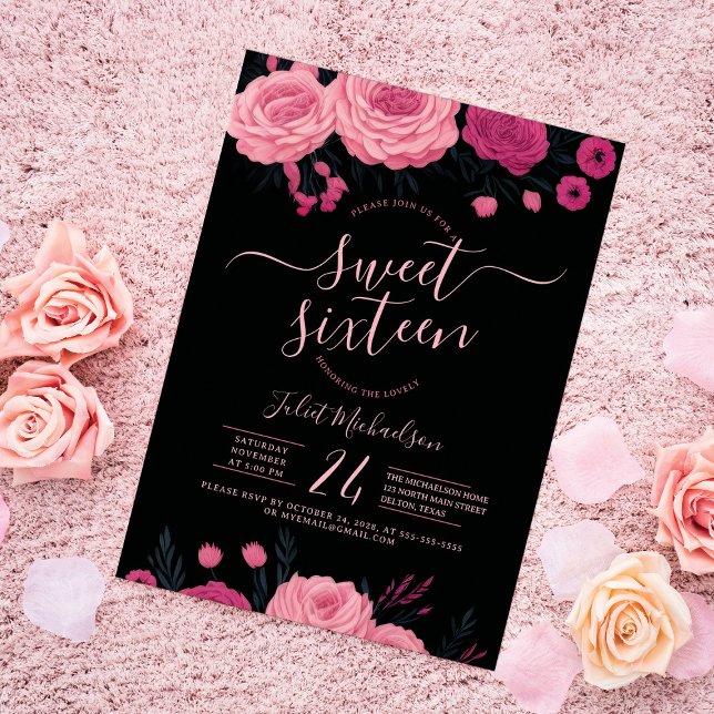 Söt Rosa ros Blommigt Black Sweet 16 Inbjudningar (Skapare uppladdad)