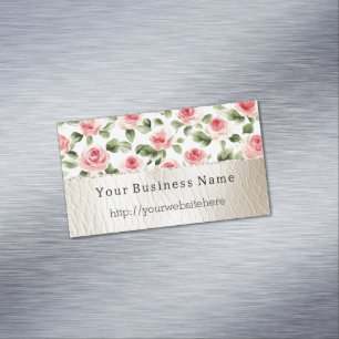 Söt Rosa ros Blommigt Cream Faux Leather Magnetiska Visitkort