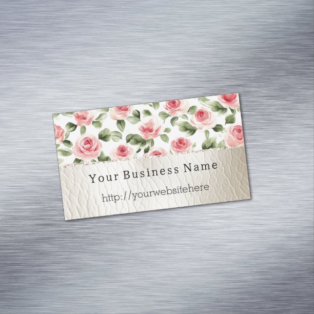 Söt Rosa ros Blommigt Cream Faux Leather Magnetiska Visitkort (In Situ)