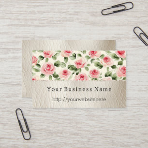 Söt Rosa ros Blommigt Cream Faux Leather Visitkort