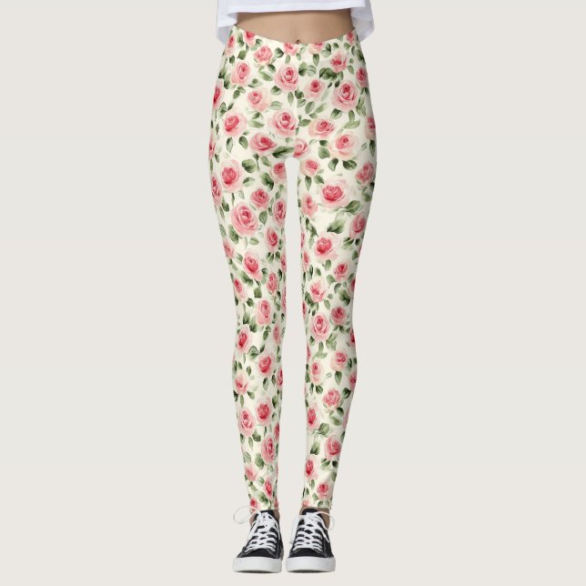 Söt Rosa ros Blommigt Leggings (Framsida)