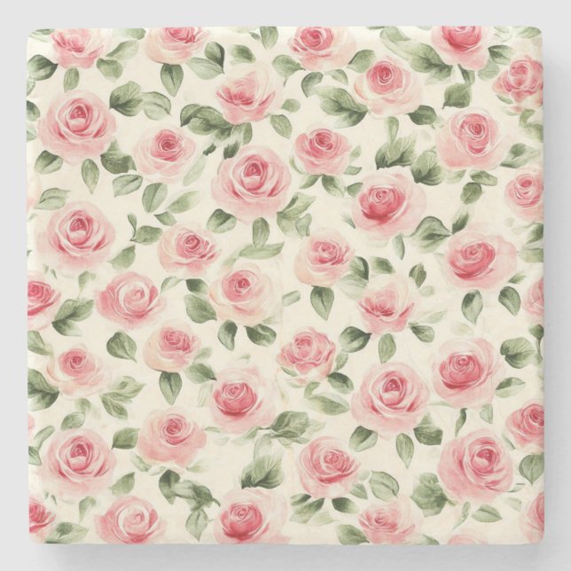 Söt Rosa ros Blommigt Stenunderlägg (Framsidan)