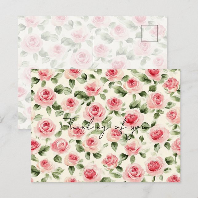 Söt Rosa ros Blommigt Tankar på dig Vykort (Fram/baksida)
