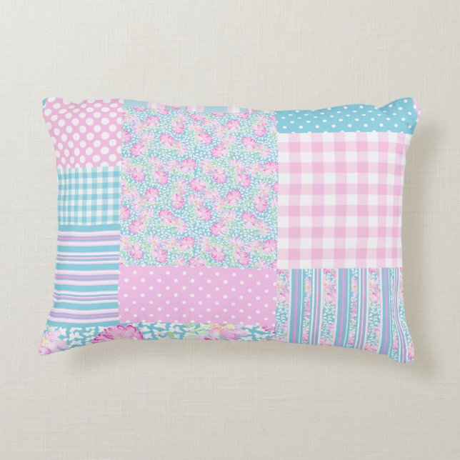 Söt Rosa ros Faux Patchwork accent Pillow Prydnadskudde (Baksidan)