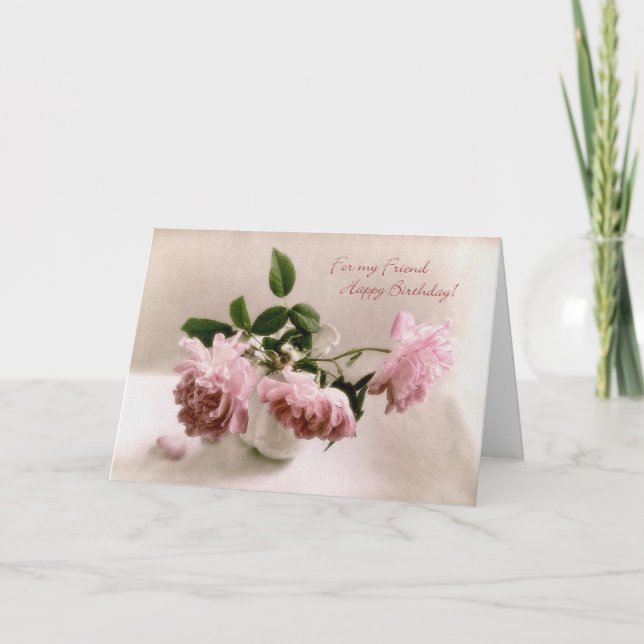 Söt Rosa ros födelsedagskort för en vän Kort (Framsida)
