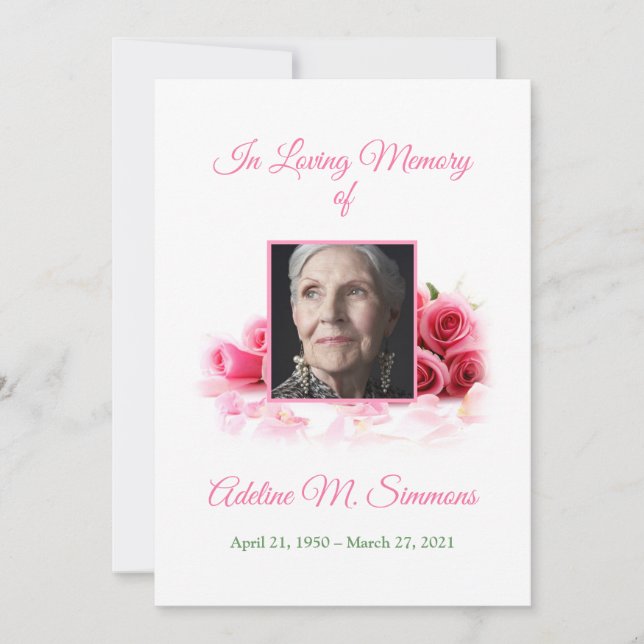 Söt Rosa ros Funcal Memorial Card Inbjudningar (Framsida)