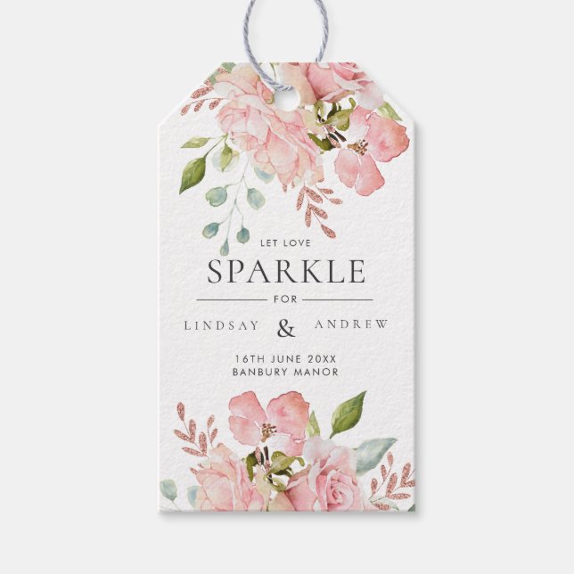 Söt Rosa ros & Glitter Bröllop Sparkler Märkre Presentetikett (Framsidan)