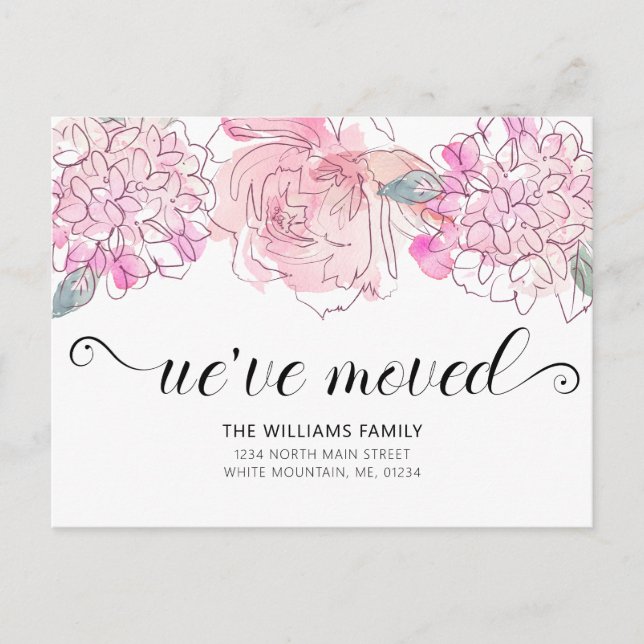 Söt Rosa Ros Hydrangea Akvarell Blommig Flyttkart Meddelande Vykort (Framsida)