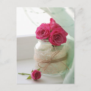 Söt Rosa ros i Glass burk Vykort
