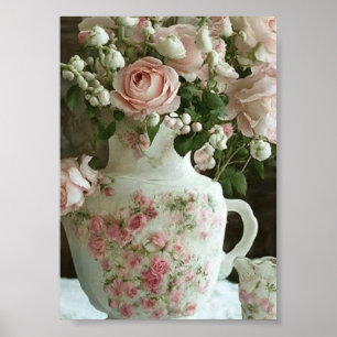 Söt Rosa ros i Vintage Antique China Tekanna Poster