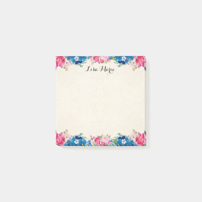 Söt Rosa ros och Blåa blommor Personlig Post-it Block (Framsida)