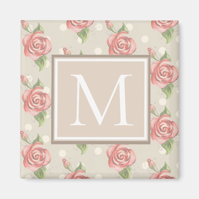 Söt Rosa ros och Dots Monogram Magnet (Framsidan)