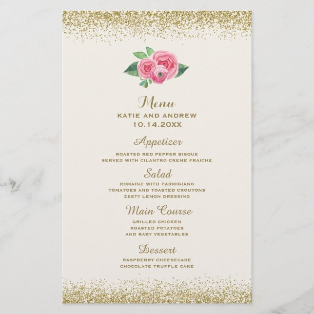 Söt Rosa ros och Glitter Bröllop Menu (Framsida)