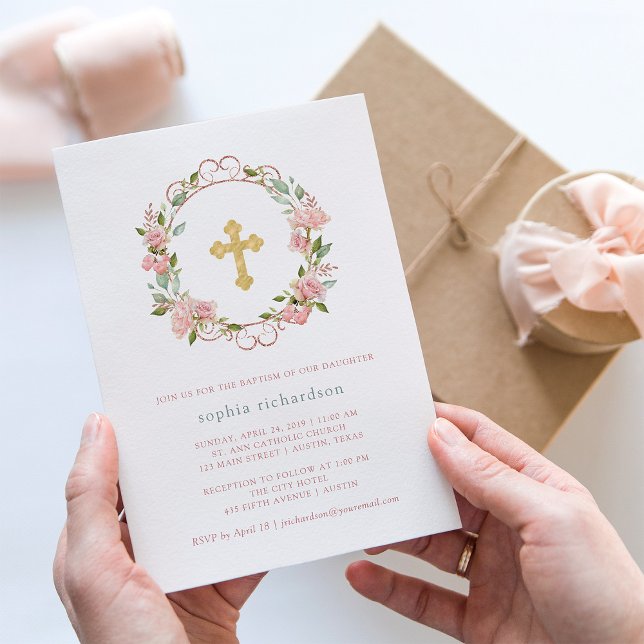 Söt Rosa ros och Guld Kor | Blommigt Baptism Inbjudningar (Skapare uppladdad)