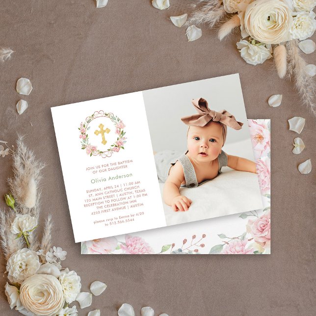 Söt Rosa ros och Guld Kor | Fotodobaptism Inbjudningar (Skapare uppladdad)