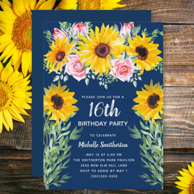 Söt Rosa ros Solblommor Blå 16:e Inbjudningar (Sunflowers and pink roses on navy blue 16th birthday party custom invitation)