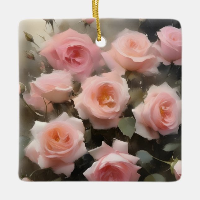 Söt rosa ros vattenfärgsfärgning julgransprydnad keramik (Framsida)