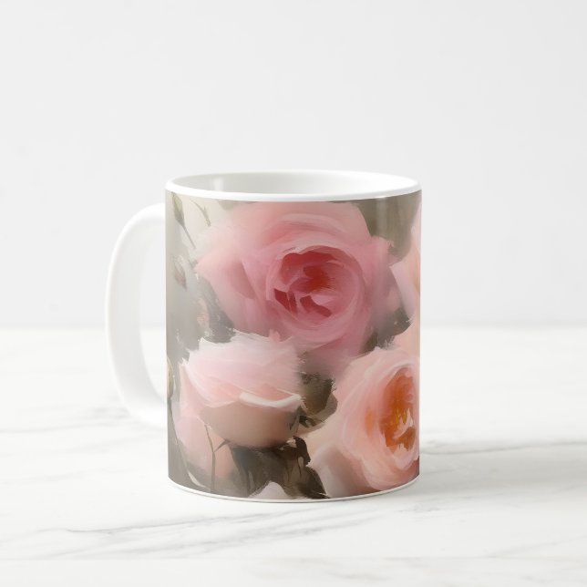 Söt rosa ros vattenfärgsfärgning kaffemugg (Framsida vänster)