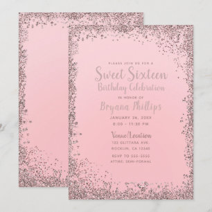 Söt rosa roséguld glitterkant Sweet 16-fest Inbjudningar