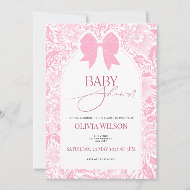 Söt Rosa Rosett Baby Shower Inbjudan (Framsida)