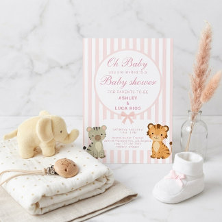 Söt rosa safari-djurs inbjudan till baby shower