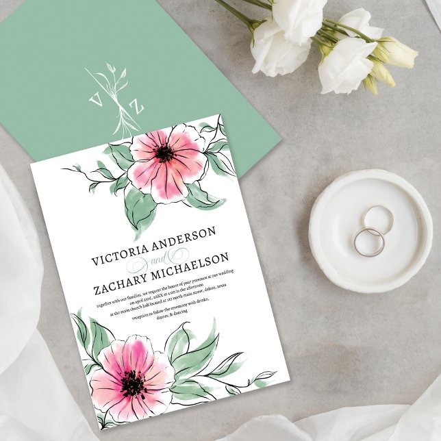 Söt Rosa Sage Grönt Blommigt Botaniska Bröllop Inbjudningar (Skapare uppladdad)