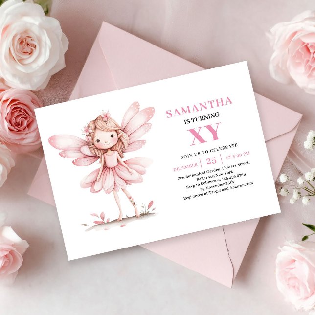 Söt Rosa Sagoflicka 8-års Födelsedags Inbjudan med (Cute Pink Fairy Girl 8th Birthday Whimsy invitation)