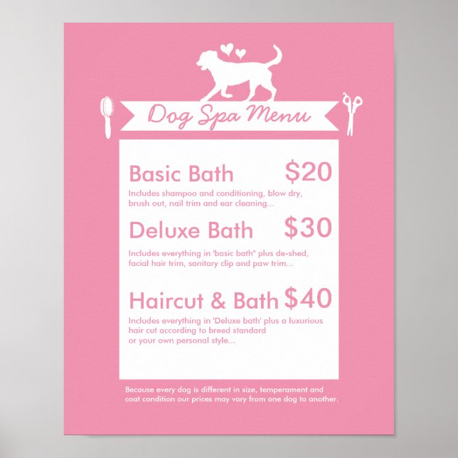Söt Rosa Silhuett Hund Frisörsalong Meny Poster (Framsidan)
