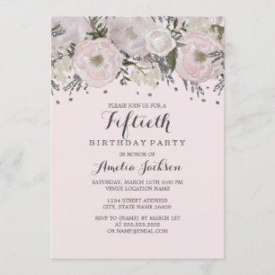Söt  Rosa Silver Blommigt 50 födelsedagar Inbjudningar