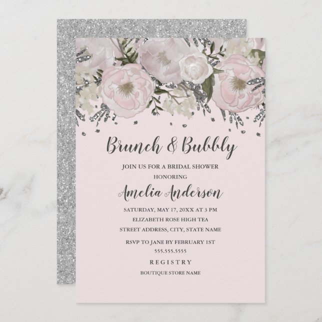 Söt  Rosa Silver Blommigt Brunch och Bubbelpapper Inbjudningar (Fram/baksida)