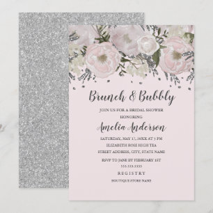 Söt Rosa Silver Blommigt Brunch och Bubbelpapper Inbjudningar