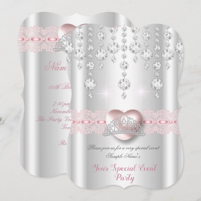 Söt Rosa Silver Heart Diamond Tiara Valfri Party Inbjudningar (Fram/baksida)