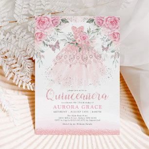 Söt Rosa Silver Quinceañera Princess Dress Inbjudningar