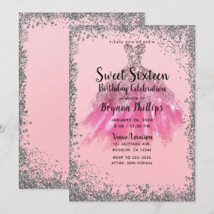 Söt rosa silverglitter-festklänning Sweet 16 Inbjudningar