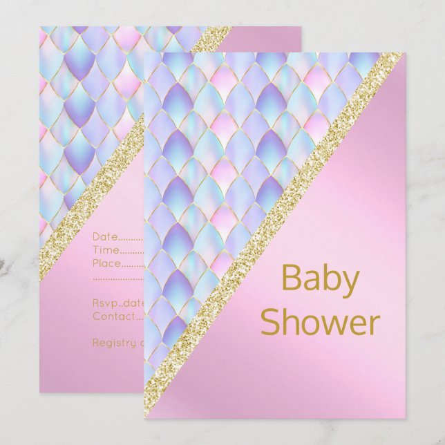 SÖT ROSA Sjöjungfru BABY SHOWER INBJICING Guld Inbjudningar (Fram/baksida)