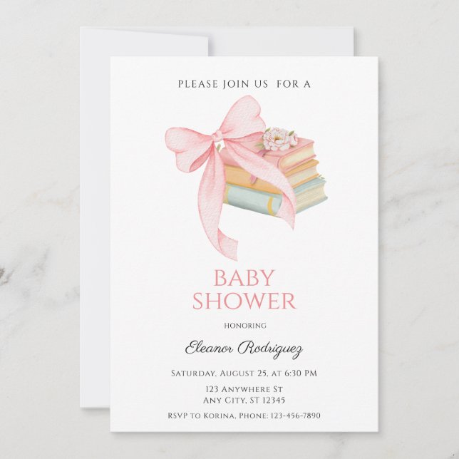 Söt Rosa Slinga Böcker Baby Shower för Flicka Inbjudningar (Framsida)