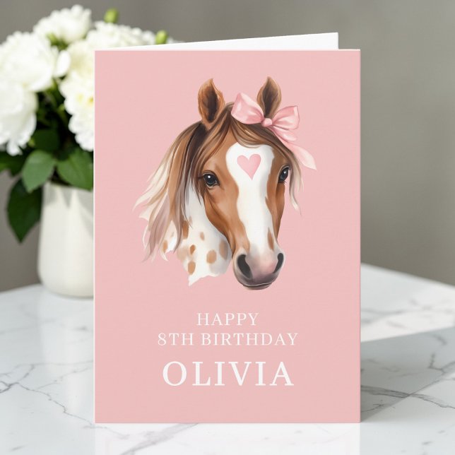 Söt Rosa Slinga Vattenfärg Häst Glad 8-årsdag Kort (Cute Pink Bow Watercolor Horse Happy 8th Birthday Card)