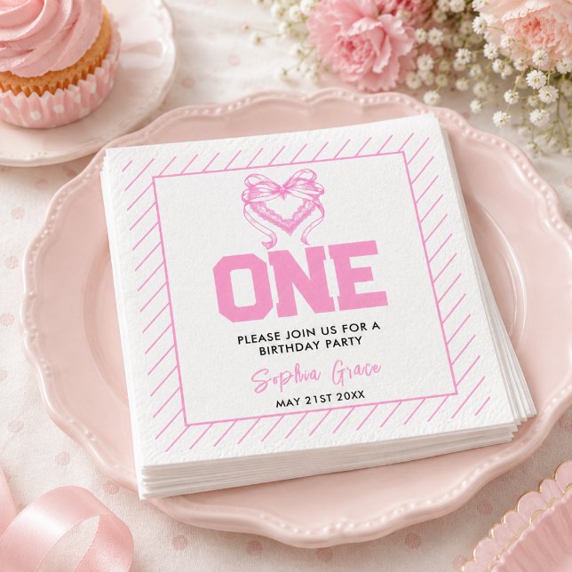 Söt Rosa Slöja Coquette 1-årsdag Pappersservett (Cute Pink Bow Coquette 1st Birthday Napkins)