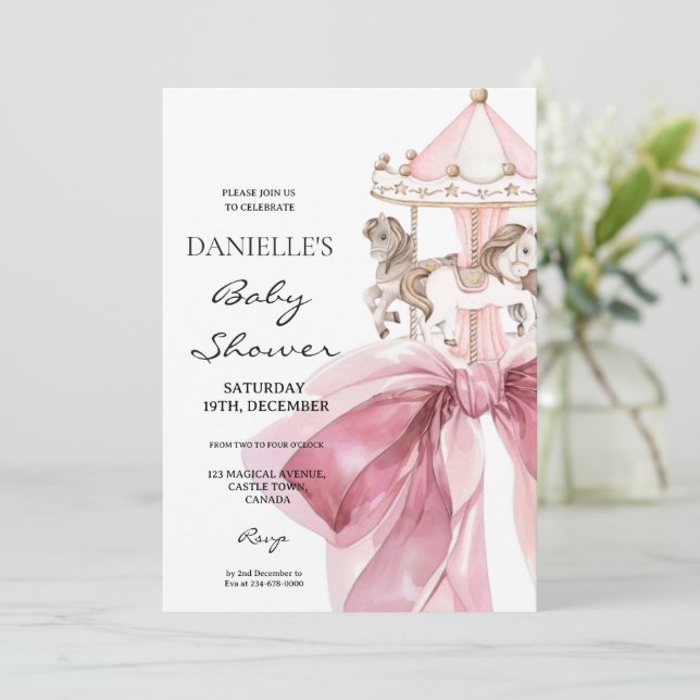 Söt Rosa Slöja ⎮Karusell Flicka Bebis Shower Inbjudningar (Stående Fram)