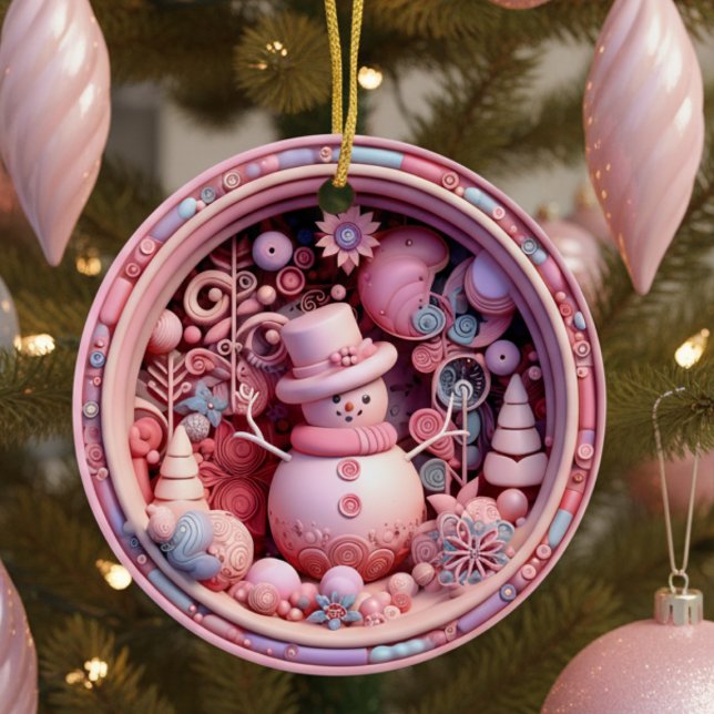 Söt Rosa Snöman Jul Julgransprydnad Keramik (fun cute pink 3D effect snowman personalized Christmas ornament with custom family name and year)