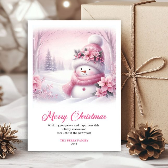 Söt rosa snöman julhälsningskort för barn julkort (Cute pink snowman Christmas greeting card for kids digital)