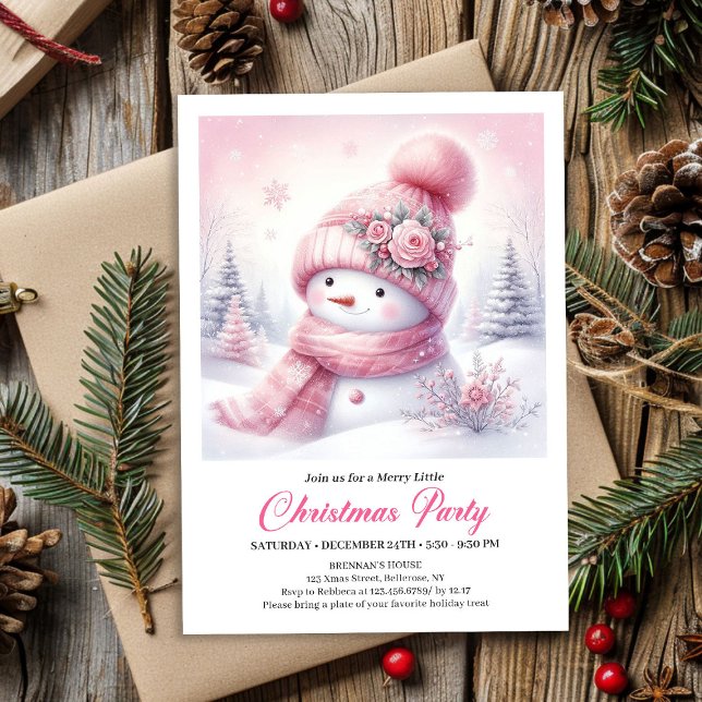 Söt rosa snöman Redigerbar julinbjudan Snöig Inbjudningar (Sweet Pink Snowman Editable Christmas Invite Snowy Forest)