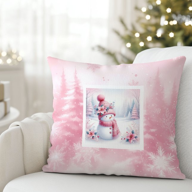 Söt rosa snöman vinter scen barn rum kudde (Pretty Pink Snowman Winter Scene Kids Room Pillow)