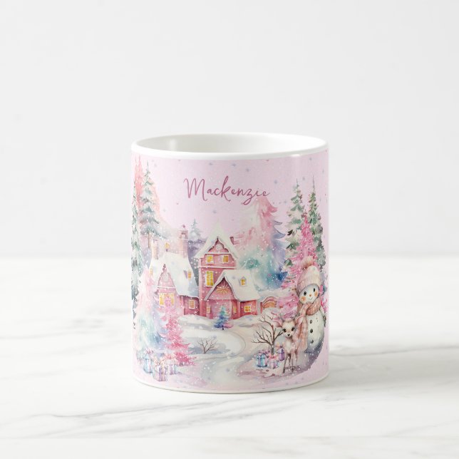 Söt rosa snöman Vinterlandskap Anpassad Kaffemugg (Center)
