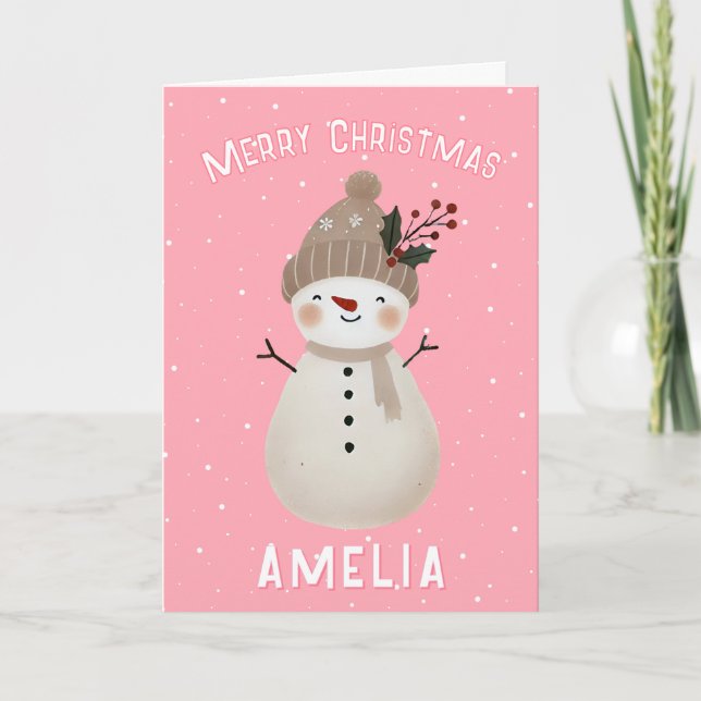 Söt Rosa Snömannen Barn Namn God Jul Kort (Framsida)