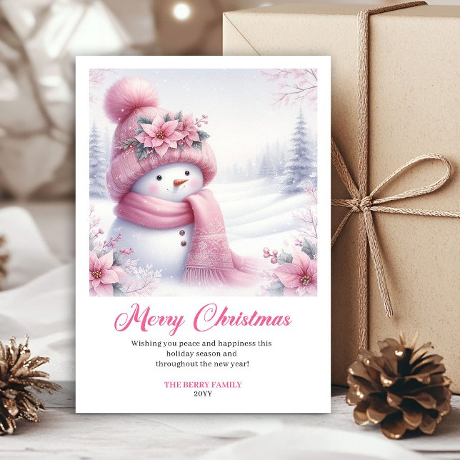 Söt rosa snömannen jul barn kort redigerbar  (Sweet pink snowman Christmas kids card editable design)